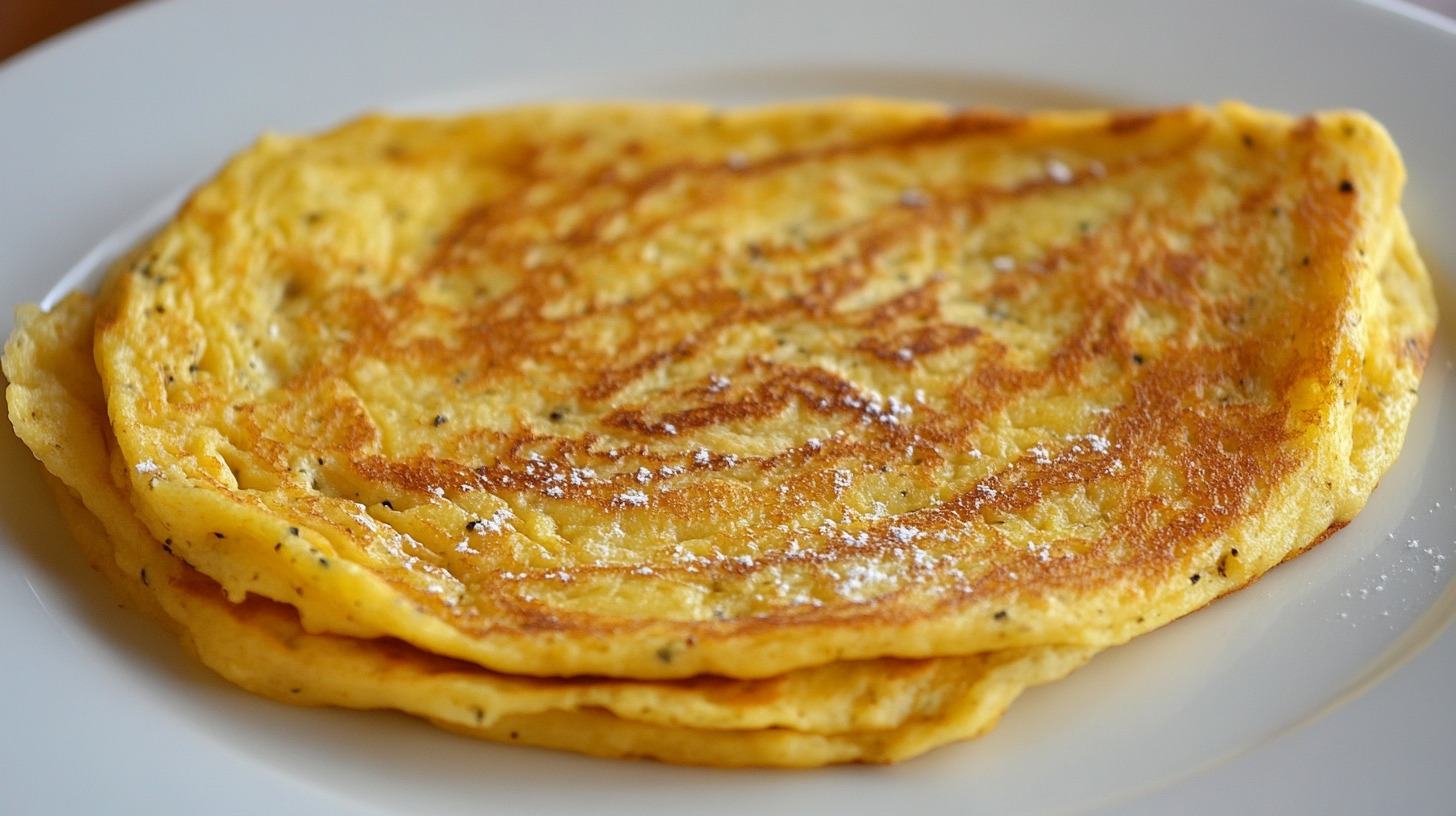 A stack of golden-brown chickpea pancakes served on a white plate, lightly seasoned and cooked to perfection
