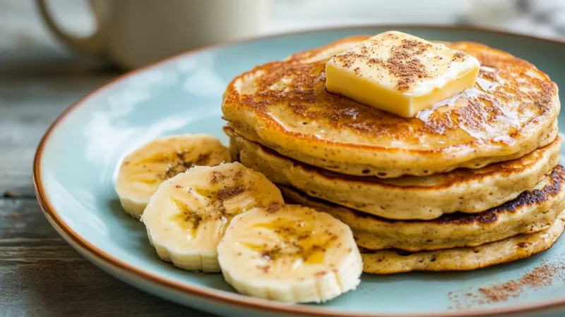 A Plate of Pancakes Topped with Banana Slices and Butter, Made Using 3-Ingredient Banana Recipes for Weight Loss