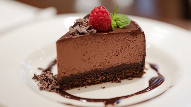 Slice of chocolate ricotta mousse cake with a chocolate base, topped with a raspberry, mint leaf, and chocolate shavings, served on a white plate with chocolate drizzle