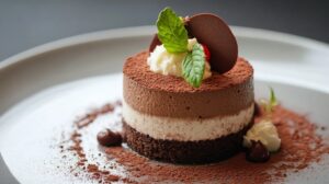 Layered chocolate ricotta mousse dessert with cocoa powder, whipped cream, chocolate disc, and mint garnish, served on a white plate