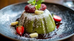 Green matcha lava cake garnished with strawberries, mint leaves, and white chocolate on a black plate
