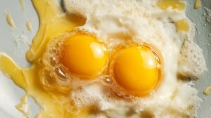 Close-up of two cracked raw eggs in a bowl, with visible yolks and whites