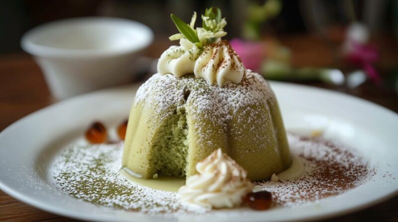 A soft green matcha lava cake with whipped cream topping and a dusting of powdered sugar on a white plate