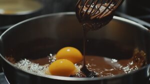Two raw eggs in a bowl of melted chocolate being whisked together