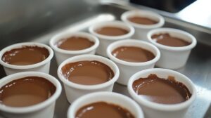 Multiple white ramekins filled with chocolate mousse, arranged on a metal tray