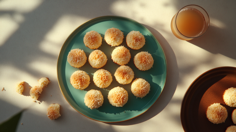 A Plate of Golden Coconut Macaroons with A Few Scattered Pieces and A Glass of Juice Nearby