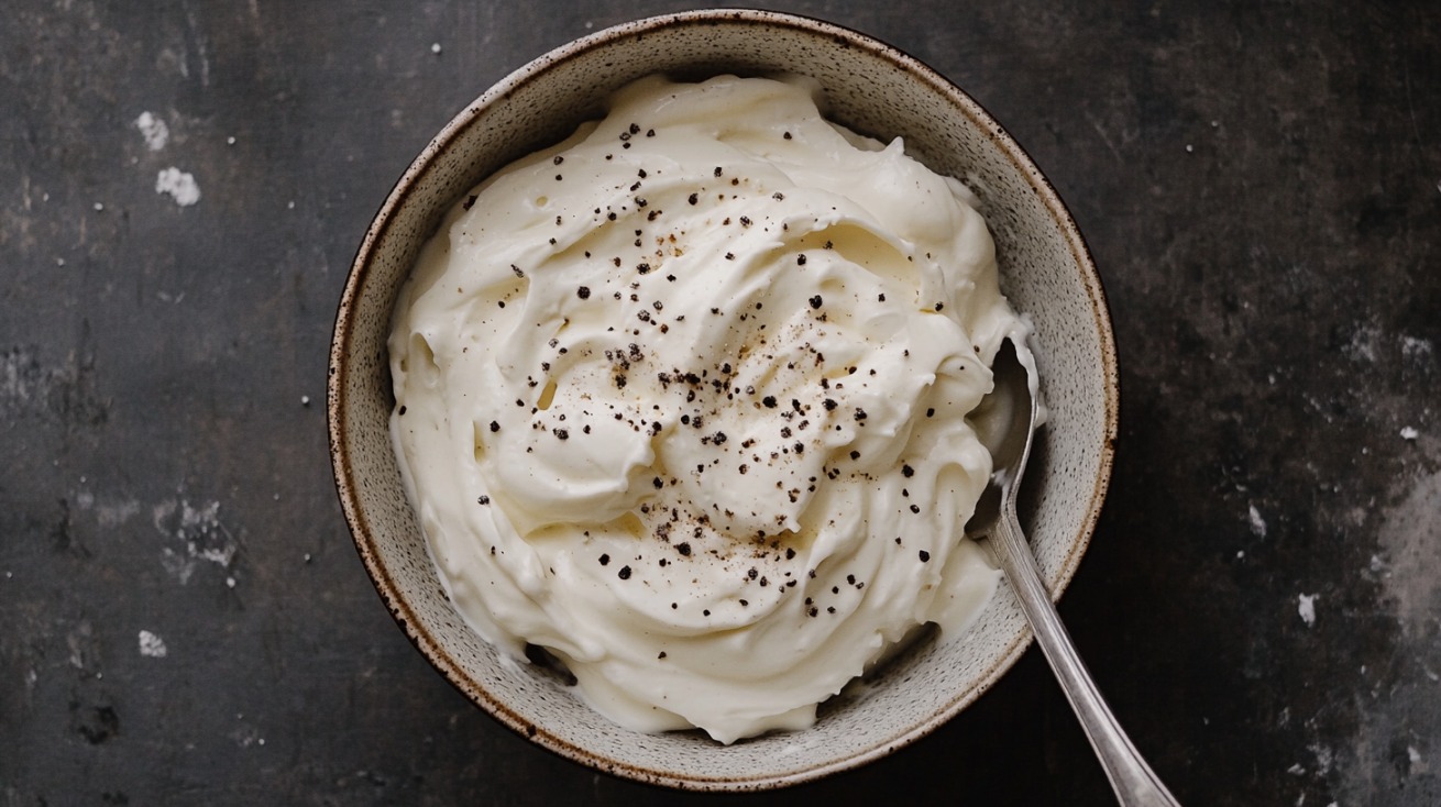 A bowl of thick, homemade blue cheese dressing topped with cracked black pepper and a spoon resting inside