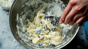 Close-up of blue cheese being mashed into a creamy mixture in a metal bowl using a hand masher