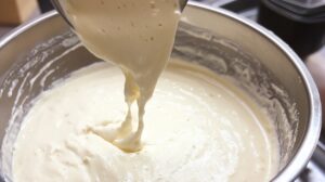 Close-up of creamy blue cheese dressing being poured from a spoon into a mixing bowl