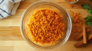 Glass bowl filled with finely grated carrots on a wooden surface, surrounded by cinnamon sticks and herbs