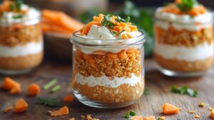 Glass jars filled with layers of carrot cake overnight oats, yogurt, and chopped carrots, garnished with herbs on a wooden surface