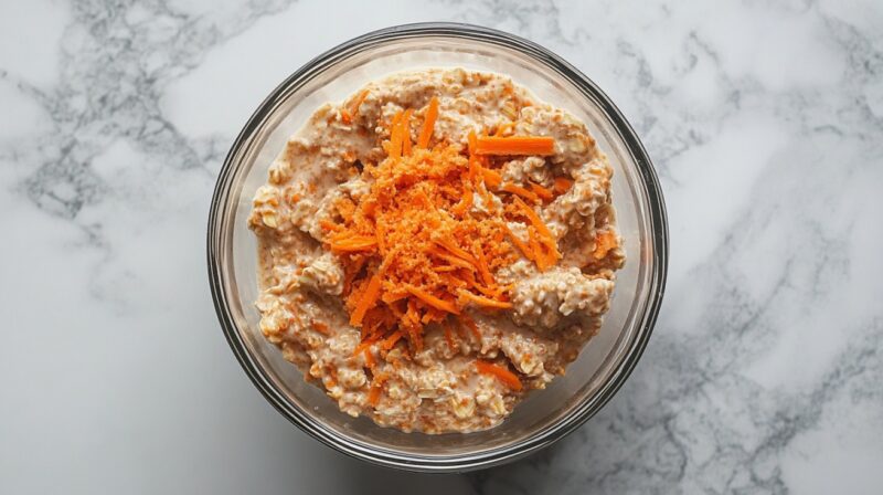 Bowl of carrot cake overnight oats topped with grated carrot, set on a white marble surface