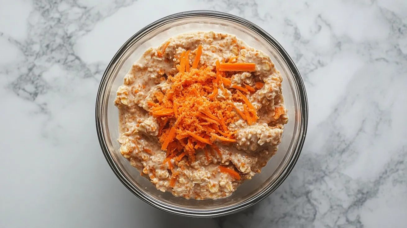 Bowl of carrot cake overnight oats topped with grated carrot, set on a white marble surface
