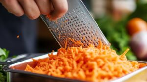 Close-up of a hand grating carrots into a tray, with shredded carrot piling up and fresh ingredients in the background