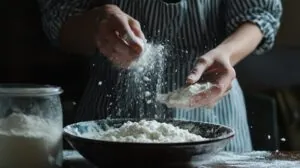Person sifting flour into a large bowl while preparing a pancake batter