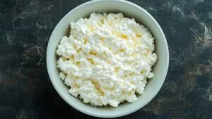 A bowl filled with fresh cottage cheese on a dark textured surface
