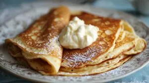 Thin cottage cheese pancakes served on a plate, topped with cream and a dusting of powdered sugar