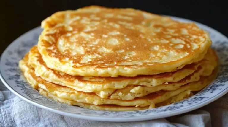 Stack of golden-brown cottage cheese pancakes on a decorative white plate
