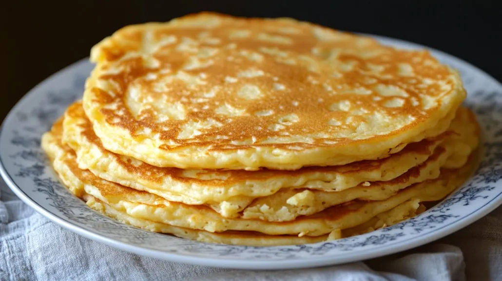 Stack of golden-brown cottage cheese pancakes on a decorative white plate
