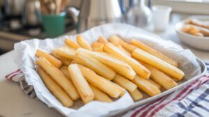 Lightly golden yuca fries draining on a tray lined with parchment paper and a striped kitchen towel
