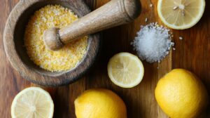 Mortar and pestle filled with coarse lemon pepper seasoning next to lemons and sea salt on a wooden surface