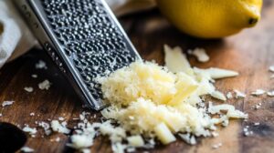 Close-up of freshly grated lemon zest on a wooden surface next to a box grater and whole lemon