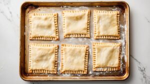 Unbaked protein pop tarts arranged neatly on a floured baking sheet, ready to be baked