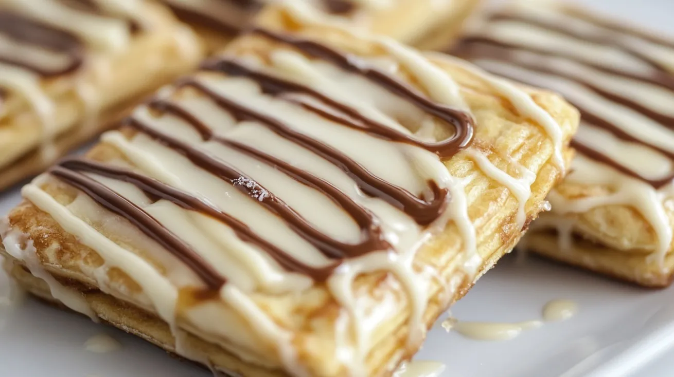 Close-up of baked protein pop tarts with white and chocolate drizzle icing on a white plate