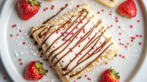 Decorated protein pop tart with white icing, chocolate drizzle, and sprinkles on a white plate with strawberries