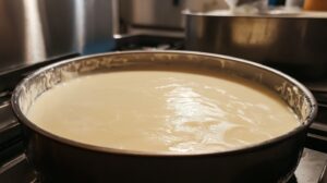 Close-up of a metal pan filled with creamy protein filling mixture, ready to be baked or chilled