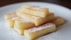 Stack of lightly golden yuca fries sprinkled with powdered sugar, served on a white plate