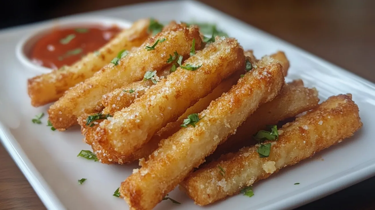 Golden yuca fries served on a white plate, topped with chopped herbs and grated cheese, with dipping sauce in the background