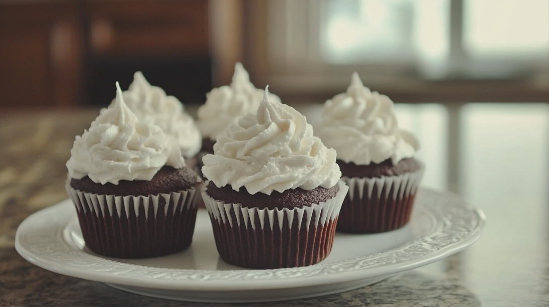 Plate of chocolate cupcakes with swirls of whipped white frosting