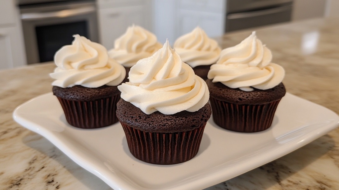 Chocolate cupcakes with white whipped frosting arranged on a white square plate in a kitchen setting