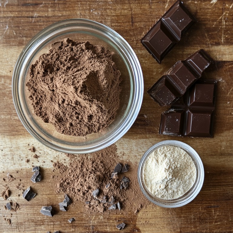 Top-down view of cocoa powder, dark chocolate pieces, and flour on a wooden surface