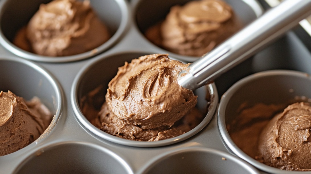 Close-up of chocolate cupcake batter being scooped into a muffin tin with a metal scoop