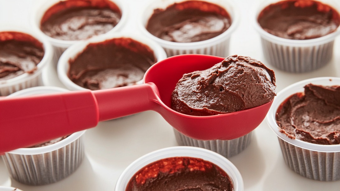 Red scoop filling white cupcake liners with chocolate batter