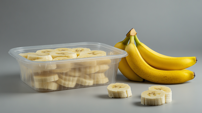 Sliced bananas stored in a plastic container next to a bunch of ripe bananas on a gray surface