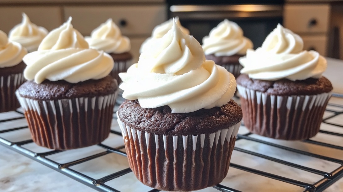 Chocolate cupcakes with swirls of vanilla whipped frosting on a cooling rack