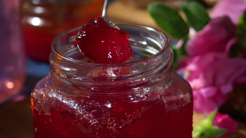 A spoon dips into a jar of vibrant red leftover jam or fruit preserves, ready to be used in a new recipe