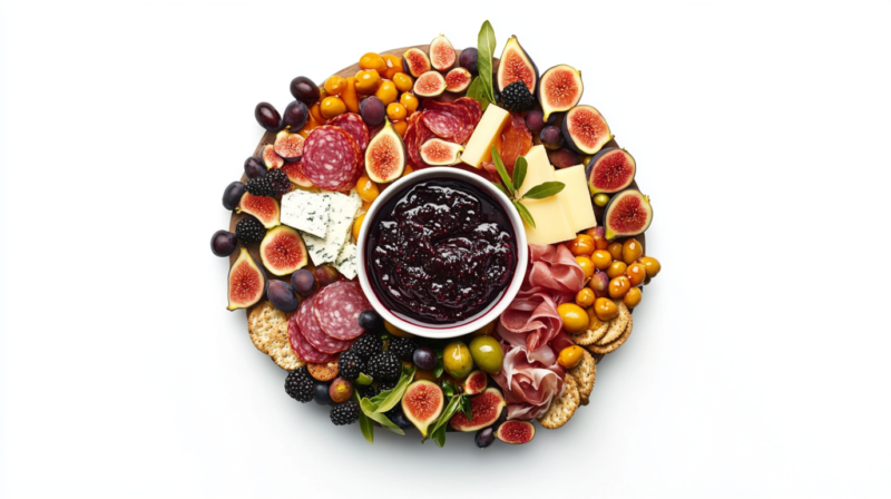 A bowl of leftover jam or fruit preserves sits at the center of a vibrant cheese board filled with figs, meats, cheeses, and crackers