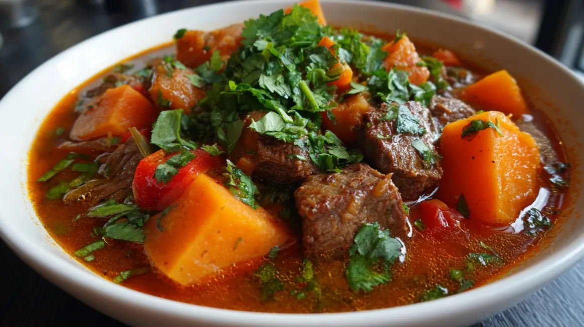 Close-up of beef and sweet potato stew garnished with fresh herbs in a white bowl