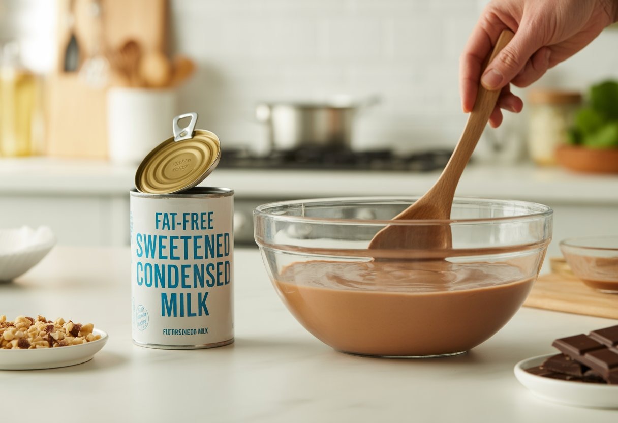 A person stirring chocolate mixture in a glass bowl next to an open can of fat-free sweetened condensed milk on a kitchen counter