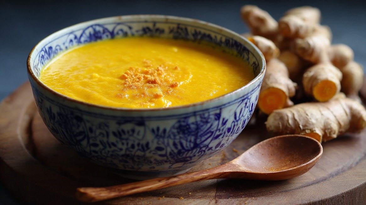 A bowl of bright orange carrot ginger soup topped with turmeric powder, placed beside fresh ginger roots and a wooden spoon