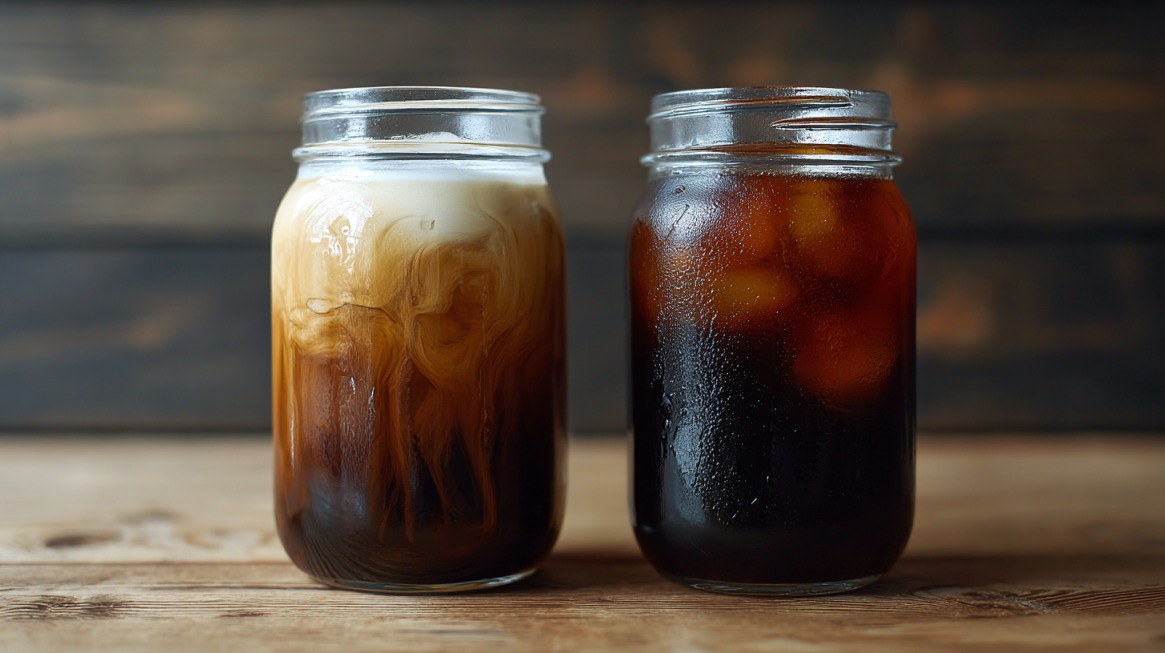 Two mason jars of iced coffee: one with straight black cold brew and the other with swirls of cream mixing into cold brew concentrate