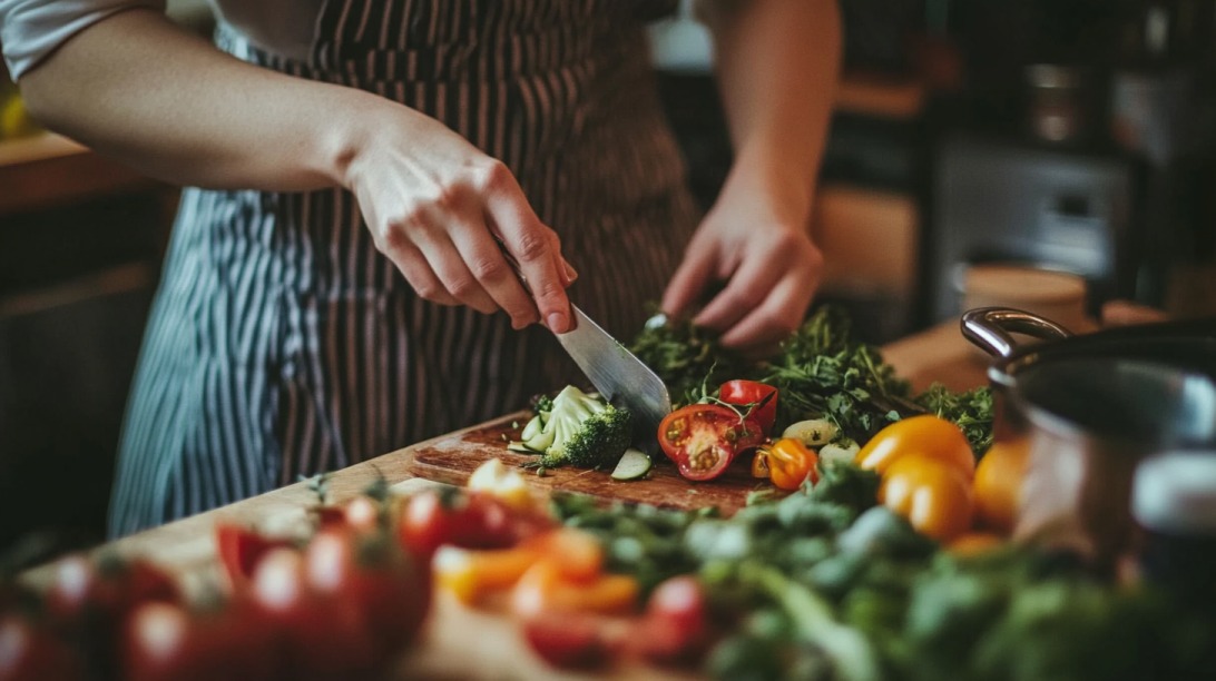 Person in a striped apron chopping fresh vegetables on a wooden cutting board in a kitchen