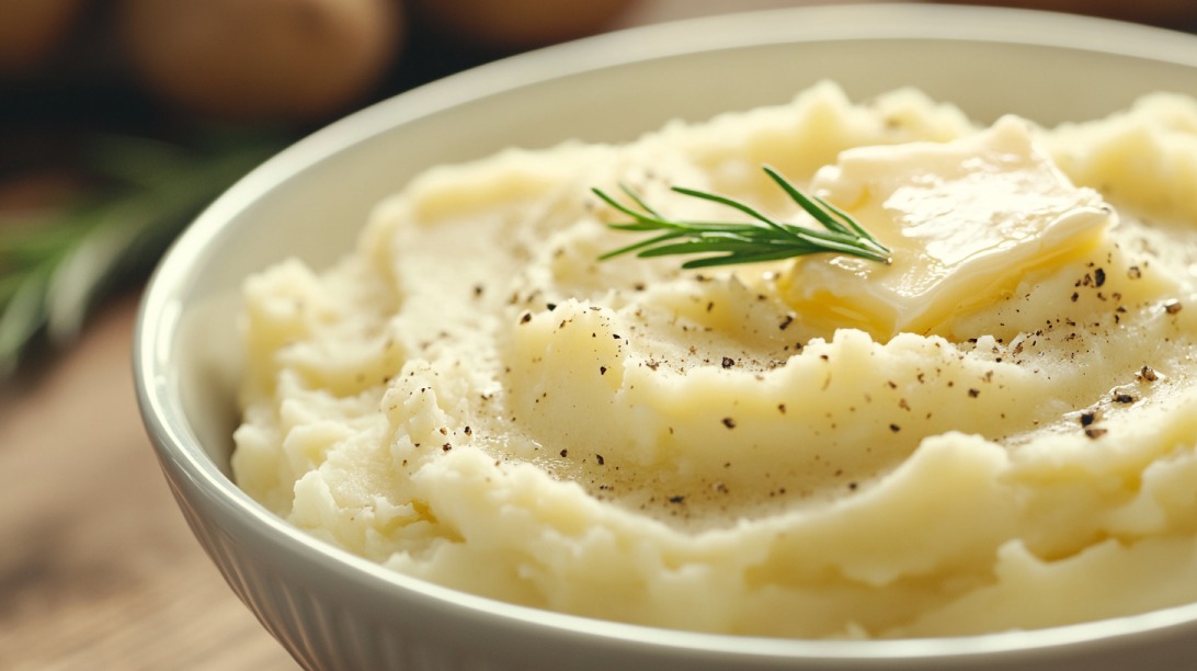 Bowl of mashed potatoes with melted butter, cracked pepper, and a rosemary garnish