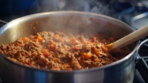 A close-up of a large pot on a stove, filled with a simmering mixture of ground meat and diced vegetables, with steam rising