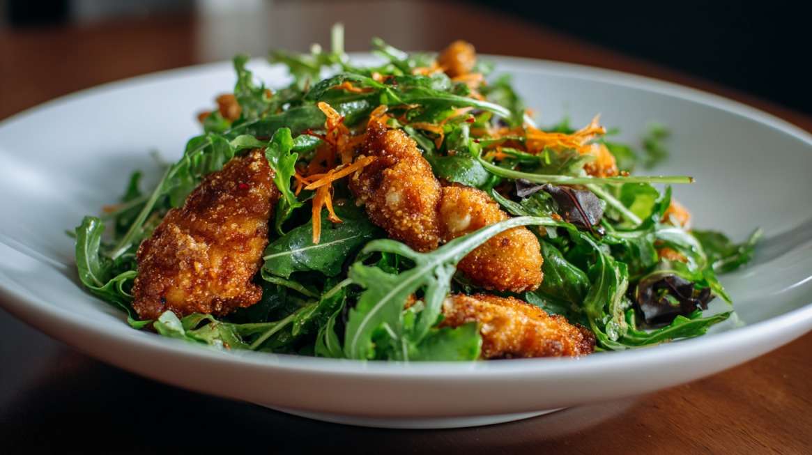 A bowl of fresh arugula salad topped with crispy golden-brown chicken pieces and shredded carrots