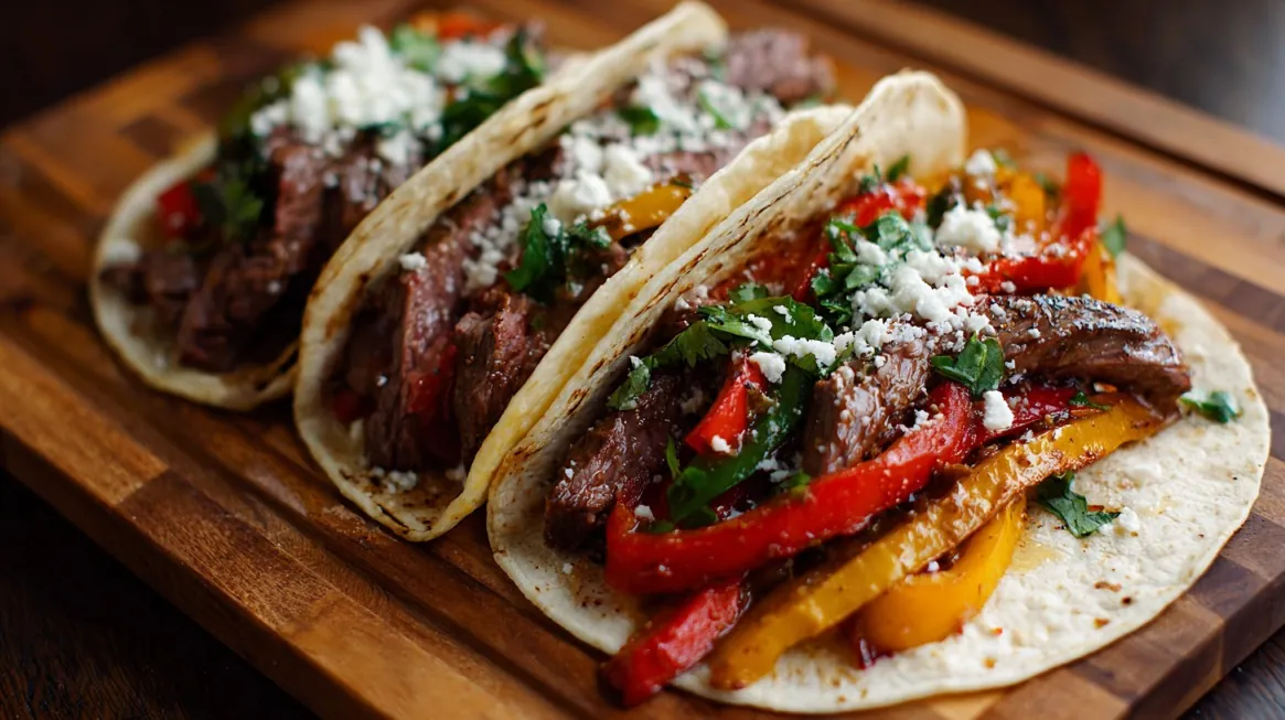 Close-up of three beef fajitas with grilled peppers and crumbled cheese on flour tortillas